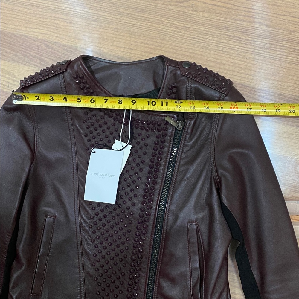 New with Tag Designer Nour Hammour Burgundy Studded Erin Leather Jacket - Picture 10 of 17